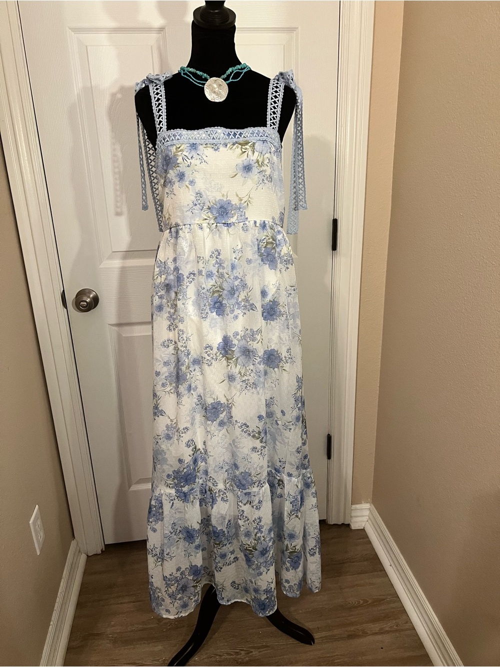 Impressions White and Light Blue Floral Maxi Dress